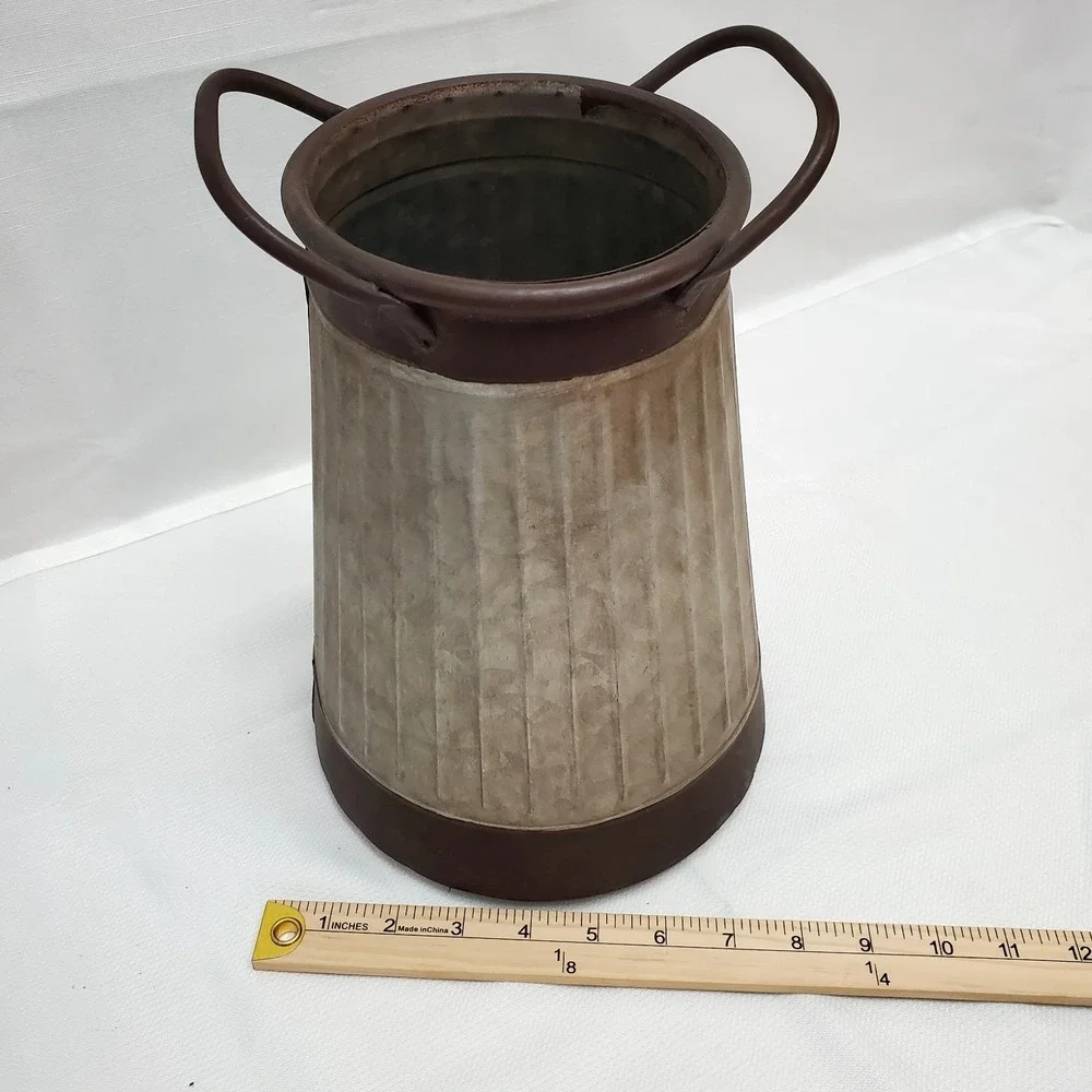 Farmhouse Chic Milk Can Galvanized Metal Canister Vase‎ Vtg Style W/Handles